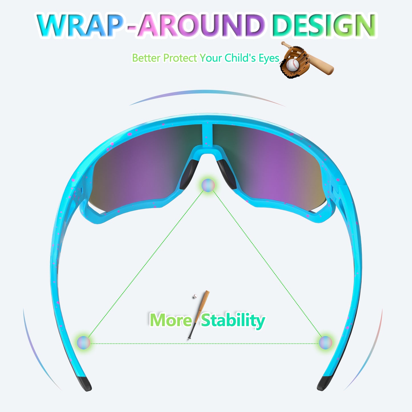 Children's wrap-around sunglasses with text highlighting design features on a white background
