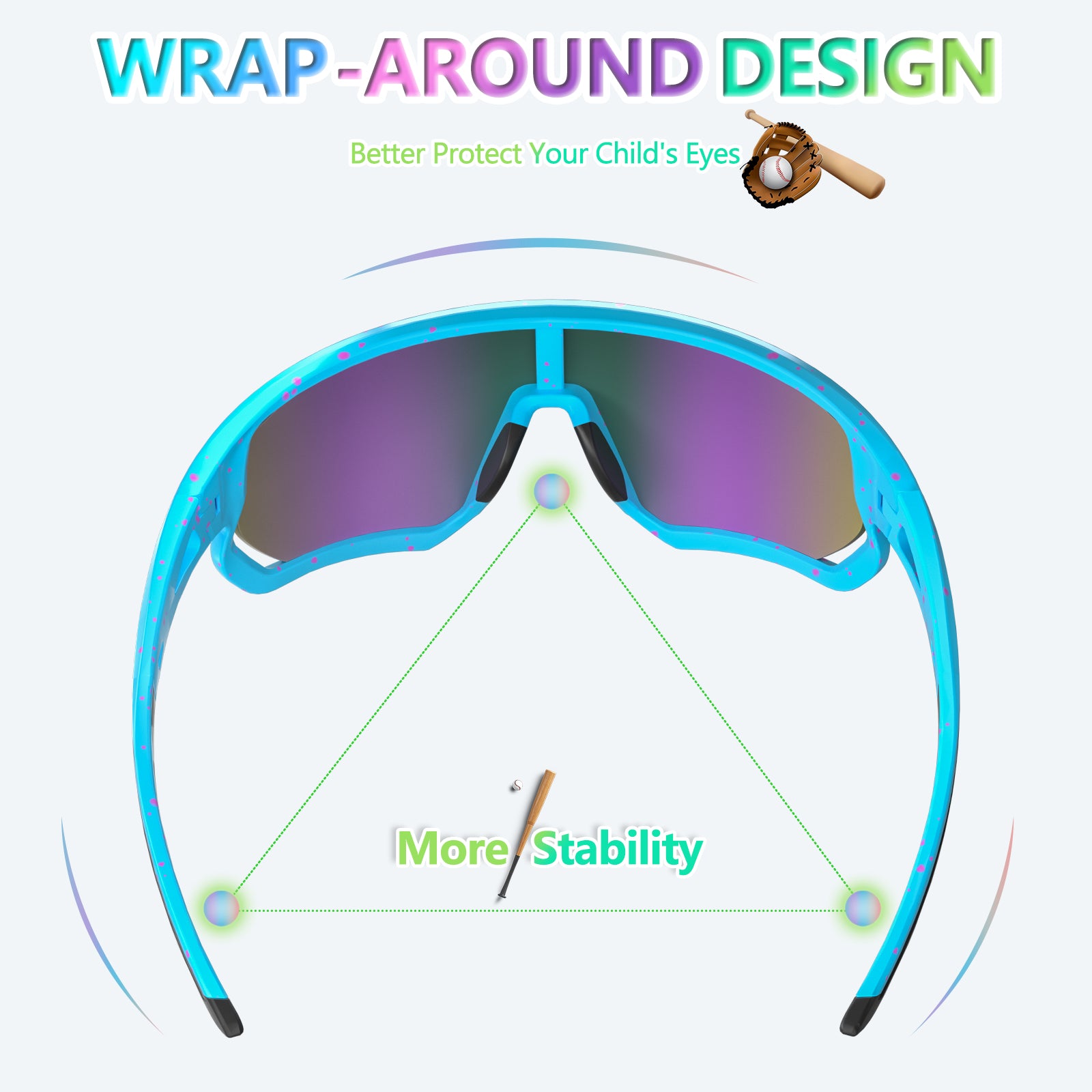 Children's wrap-around sunglasses with text highlighting design features on a white background