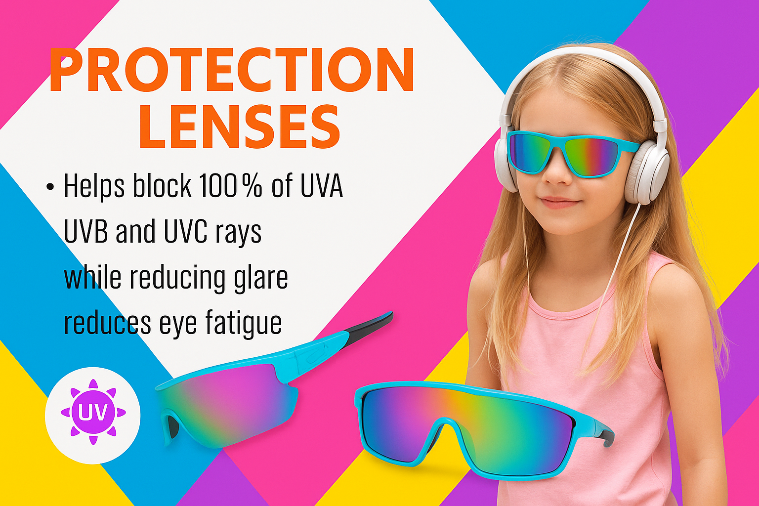 Child wearing colorful sunglasses with text about protection lenses on a multicolored background