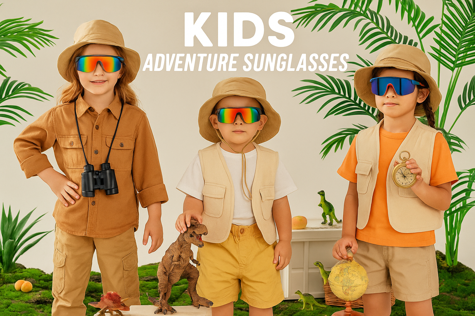 Three kids in explorer outfits with colorful adventure sunglasses, hats, and vests, holding binoculars, a toy dinosaur, and a globe, with a jungle background.