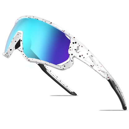 Sunglasses with white frame and blue lenses on a white background