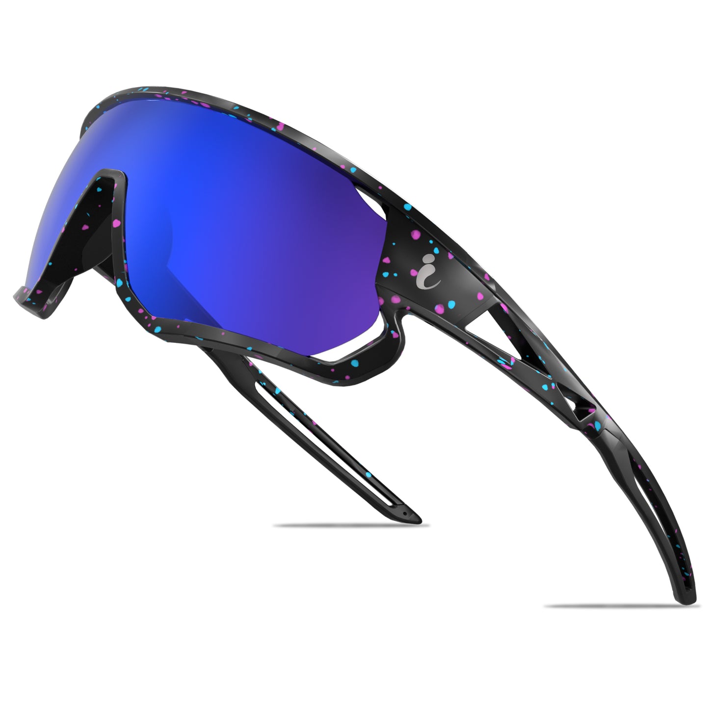 Sunglasses with blue reflective lenses and black frame on a white background