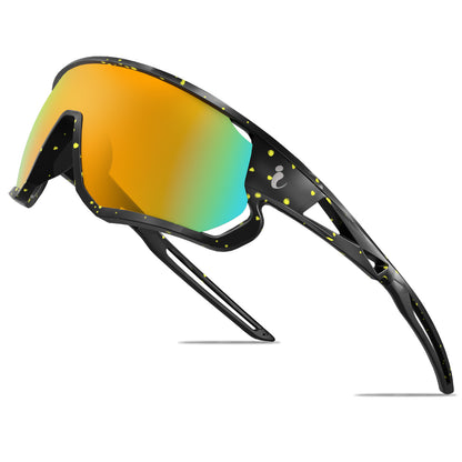Sunglasses with black frame and multicolored lenses on a white background