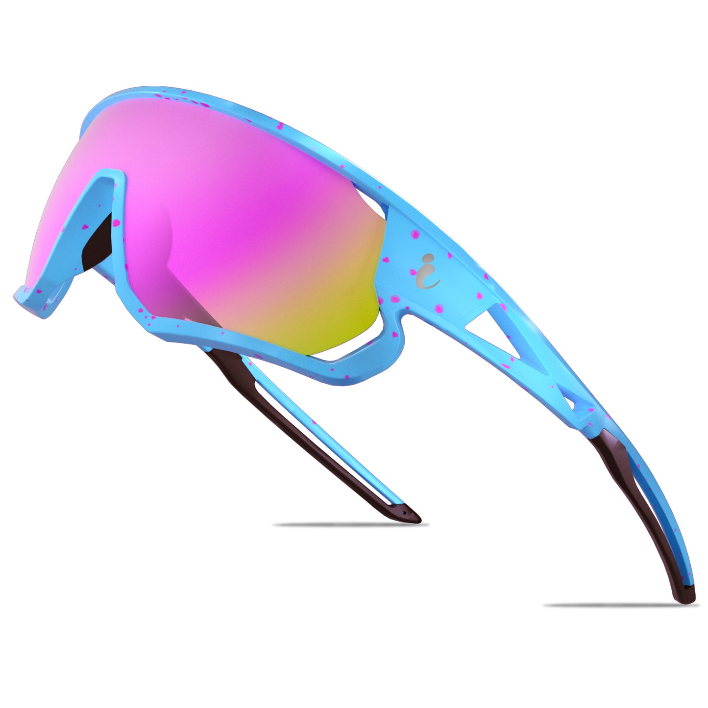 Sunglasses with blue frame and pink lens on a white background