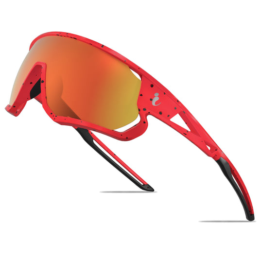 Red sunglasses with orange lenses on a white background