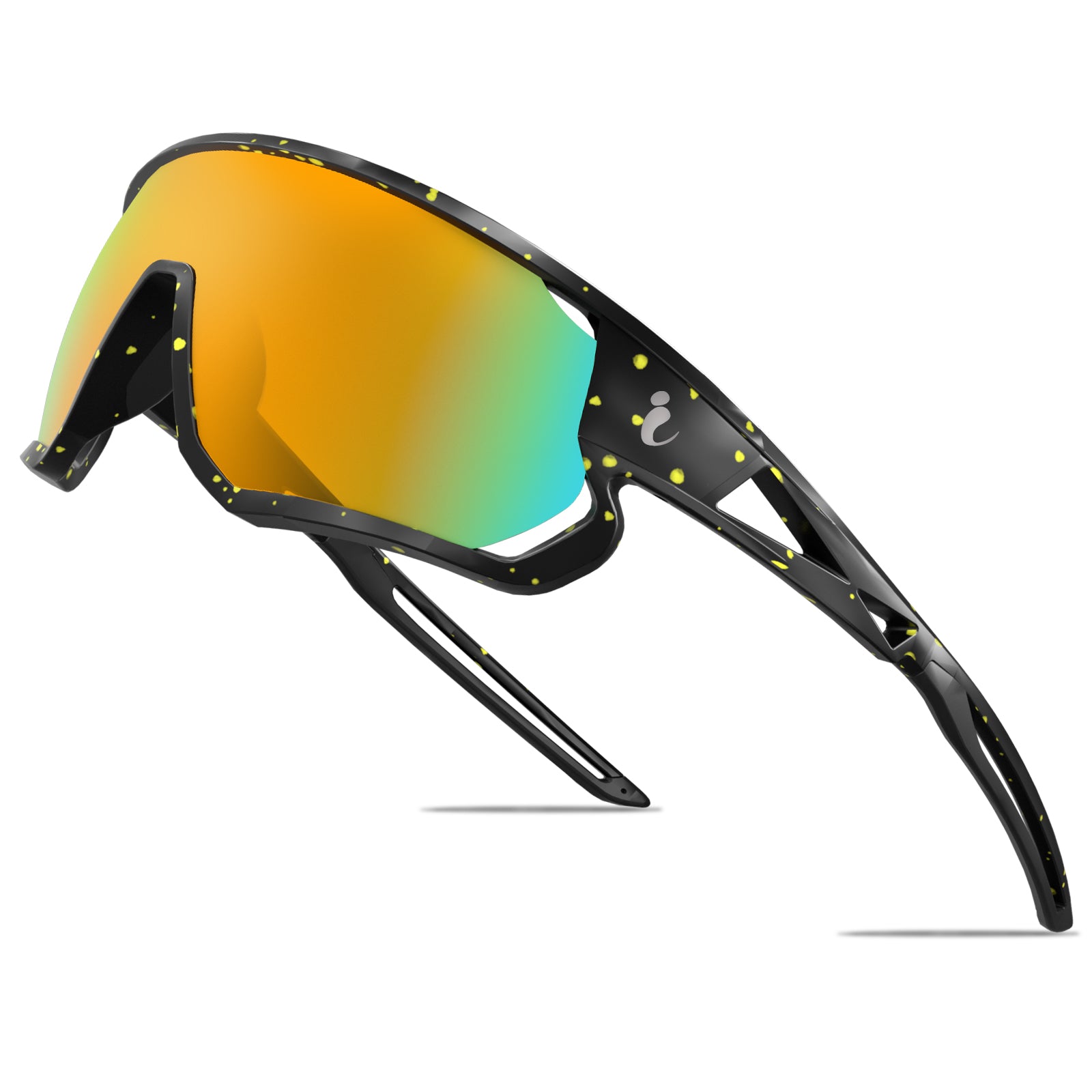 Sunglasses with black frame and multicolored lenses on a white background