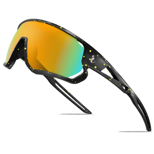 Sunglasses with black frame and multicolored lenses on a white background