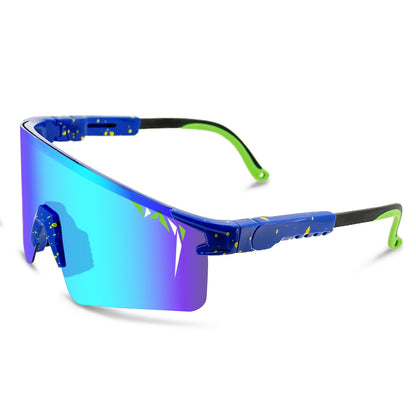 Sunglasses with blue and green reflective lenses on a white background