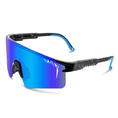 Sunglasses with blue reflective lenses and black frame on a white background
