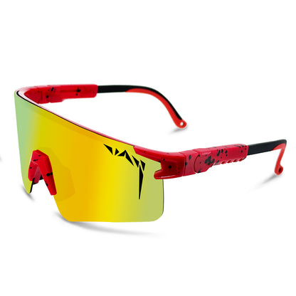 Sunglasses with red and black frame and yellow lens on a white background