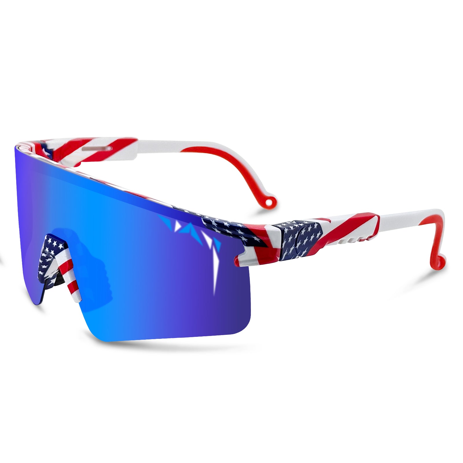 Sunglasses with American flag design on a white background