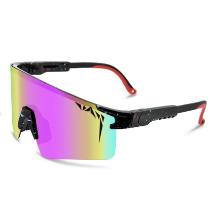 Sunglasses with a colorful lens and black frame on a white background